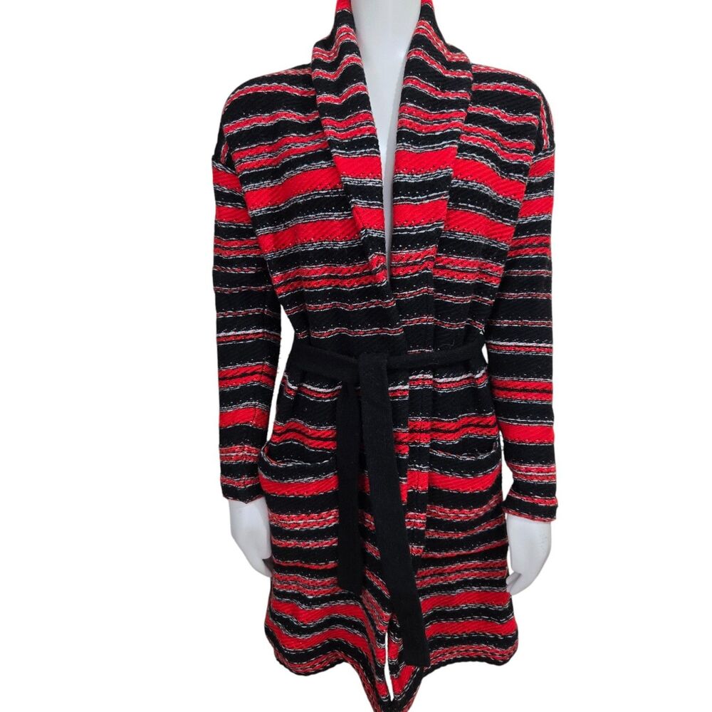 RALPH LAUREN Long Cardigan Sweater Womens XS Striped‎ Wool Belt Cowl Neck LRL